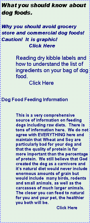 Text Box: What you should know about dog foods.Why you should avoid grocery store and commercial dog foods!Caution!  It is graphic!		Click HereReading dry kibble labels and how to understand the list of ingredients on your bag of dog food.
	Click HereDog Food Feeding InformationThis is a very comprehensive source of information on feeding dogs including raw diets.  There is tons of information here.  We do not agree with EVERYTHING here and maintain that Wheat and Soy are particularly bad for your dog and that the quality of protein is far more important than the percentage of protein.  We still believe that God created the dog as a carnivore and it�s natural diet would never include  enormous amounts of grain but would include  many birds, rodents and small animals, as well as the carcasses of much larger animals.  The closer you can feed to natural for you and your pet, the healthier you both will be.
			Click Here